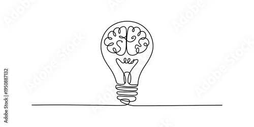 Continuous line art illustration of a light bulb containing a brain symbolizing mental creativity
