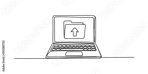 Continuous line drawing of a laptop computer with a folder icon and upload arrow on the screen