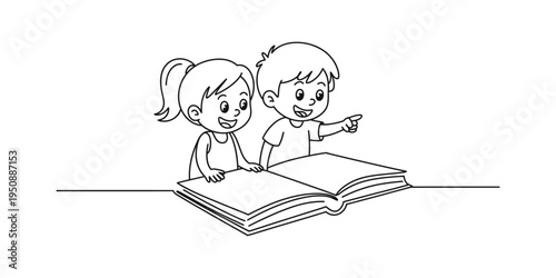A black and white coloring page illustration of a boy and a girl reading a book together happily