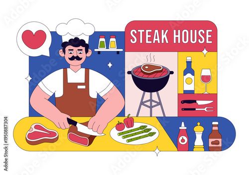 Steakhouse Restaurant Vector Illustration With Chef Grilling Beef Steak, Barbecue Kitchen Scene, Meat Menu Dining Concept And Culinary Food Service