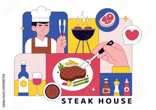 Steakhouse Restaurant Vector Illustration With Chef Grilling Beef Steak, Barbecue Kitchen Scene, Meat Menu Dining Concept And Culinary Food Service