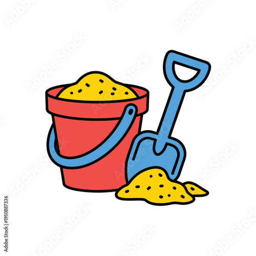 Child s red bucket blue shovel and yellow sand illustration for playtime