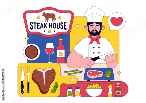 Steakhouse Restaurant Vector Illustration With Chef Grilling Beef Steak, Barbecue Kitchen Scene, Meat Menu Dining Concept And Culinary Food Service