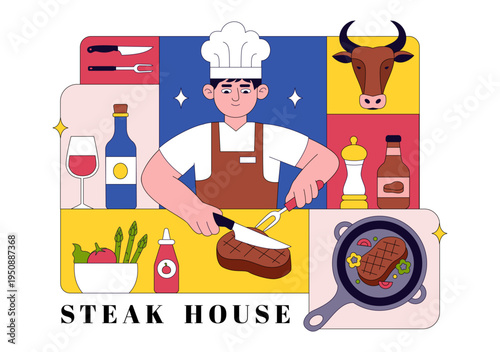 Steakhouse Restaurant Vector Illustration With Chef Grilling Beef Steak, Barbecue Kitchen Scene, Meat Menu Dining Concept And Culinary Food Service