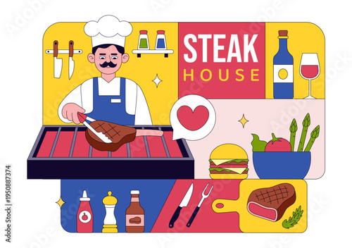 Steakhouse Restaurant Vector Illustration With Chef Grilling Beef Steak, Barbecue Kitchen Scene, Meat Menu Dining Concept And Culinary Food Service