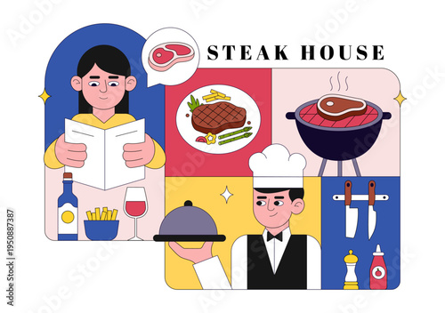 Steakhouse Restaurant Vector Illustration With Chef Grilling Beef Steak, Barbecue Kitchen Scene, Meat Menu Dining Concept And Culinary Food Service