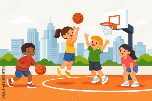Diverse Group of Happy Children Playing Basketball on an Outdoor City Court with Skyscrapers in the Background; Kids Dribbling, Shooting, and Defending in a Simple Flat Vector Illustration.