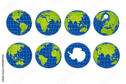 Set of Eight Global Hemispheres Showing Different Views of the Earth with a Grid Design; International World Map Icons Featuring Continents Like Africa, Asia, Europe, Americas, and Antarctica.