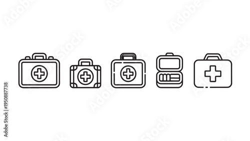 First Aid Kit Icon Set Five Medical Emergency Supply Boxes Black And White Minimalist Vector Illustration