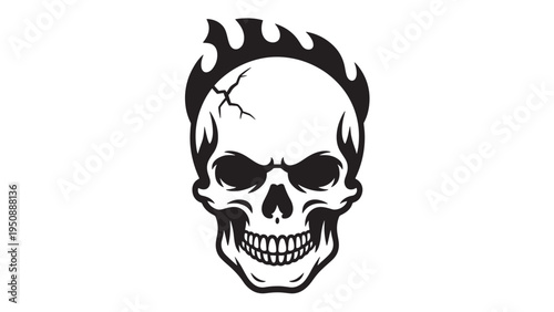 Fiery Human Skull Illustration Black And White High Contrast Detailed Teeth Hollow Eyes Crack Intense Graphic Art Tattoo Logo Vector