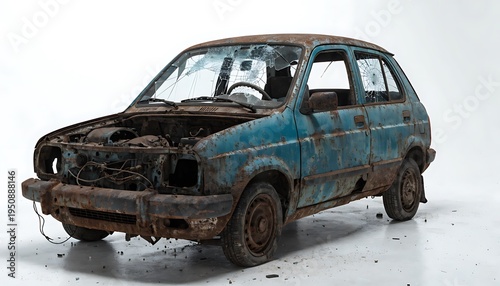 Abandoned rusty blue car in snowy landscape with dramatic lighting