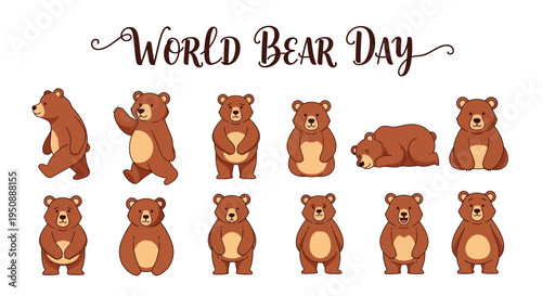 Illustration of various brown bear poses on World Bear Day, promoting conservation awareness with a mix of standing and lying down bears against a clean white background.
