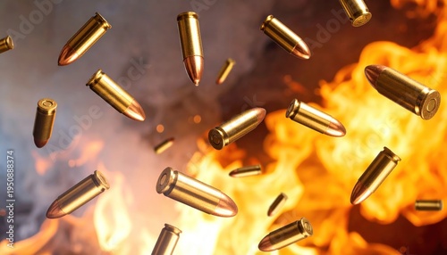 Flying golden bullets and cartridges in motion with dramatic fire and smoke, depicting conflict, war, and danger.