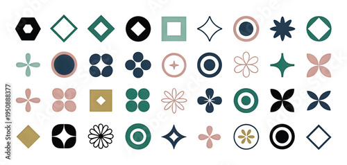 A curated collection of various geometric shapes and minimalist floral icons on a white background