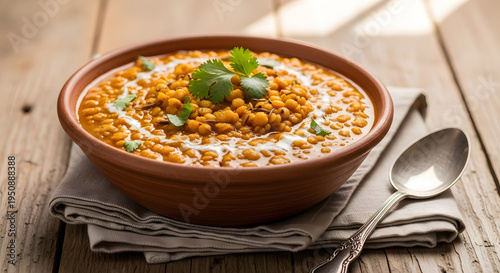 A warm ceramic bowl filled with cooked yellow lentil stew garnished with fresh cilantro and a swirl of cream on a rustic wooden table