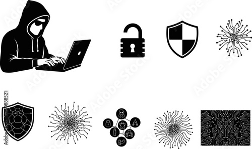 Cybersecurity and Digital Threat Icon Set Featuring Masked Hackers Data Encryption Shields Secure Network Connections Circuit Board Patterns and Internet Privacy Protection Technology Symbols