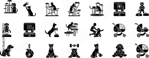 Comprehensive Pet Care Icon Set Featuring Cats and Dogs with Automatic Feeders Luxury Climbing Trees Strollers Interactive Toys Grooming Tools and Veterinary Care Symbols