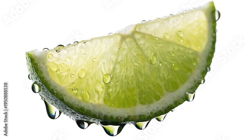 fresh lime slice with water droplets on white background