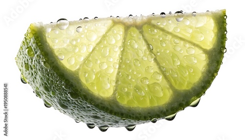 fresh lime slice with water droplets on white background close-up
