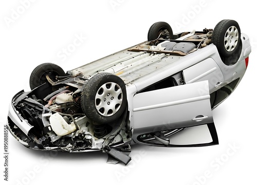 overturned silver car after severe accident on white background