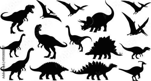 Dinosaur Silhouettes Icon Set Featuring T-Rex Triceratops Stegosaurus Pterodactyls and Various Prehistoric Reptiles for Paleontology Education Historical Research 