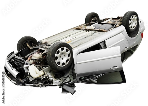 Overturned silver car after severe accident on urban road with visible damage