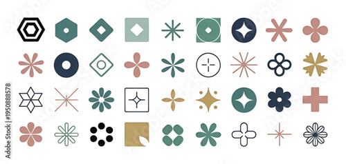 A collection of assorted geometric shapes and decorative floral icons arranged in a grid pattern
