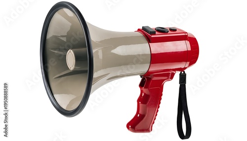 Red and silver megaphone isolated on white background for communication and promotion