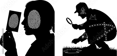 Forensic Science Concept Illustration Featuring Silhouette of Detective Examining Evidence and Female Identity Profile with Fingerprint Scan and Magnifying Glass Crime Scene Investigation