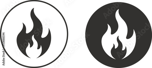 Minimalist flame icon set in circular frames, black and white fire symbols for heating energy and warmth, vector graphics for Adobe Stock