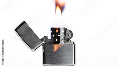 metallic silver lighter igniting with bright orange flame on white background