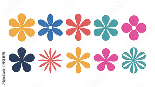 A collection of ten colorful and diverse stylized flower icons arranged on a clean white background