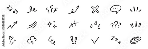 Line element movement hand drawn set. Hand drawn sketch line element icon brush pencil stroke movement chalk. Cute comic cartoon emoji bubble heart star sparkle expression manga. Vector illustration