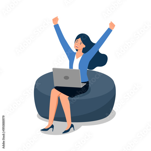 Photos Happy woman completing task on laptop with hands raised, Job well done, Completed task