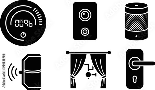 Smart Home Automation Icon Set Featuring Digital Thermostat Smart Speaker Security Door Lock Automated Curtains Intelligent Camera and IoT Sensors for Modern Domestic Lifestyle Technology
