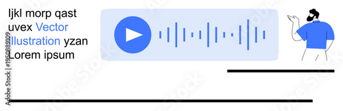 Digital media, user interface, audio streaming, modern technology, multimedia, online communication. A play button with sound waves and a gesturing figure on a clean background. Digital media
