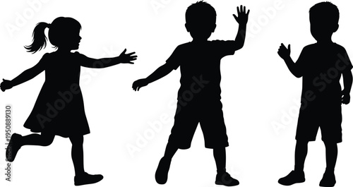 Children silhouette set with happy kids waving, running and greeting gestures, playful boy and girl poses isolated vector illustration for childhood, education and activity design