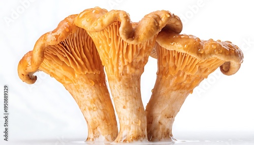 three fresh chanterelle mushrooms on white background