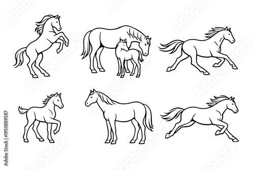 Set of six black and white line art horse illustrations featuring various poses including rearing, galloping, standing, and a mare with her foal, perfect for equestrian designs and logo icons.