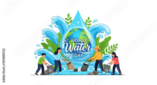 Illustration of people working together to save water on World Water Day with a water droplet design and green leaves on a white background.