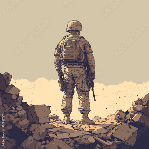 Close-up of a soldier holding a rifle standing and hide behind the debris wall on a battlefield. Military and rescue operation concept. Back view , vector style simple color