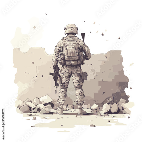 Close-up of a soldier holding a rifle standing and hide behind the debris wall on a battlefield. Military and rescue operation concept. Back view , vector style simple color