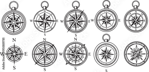 A collection of compass designs with various orientations and styles Vector