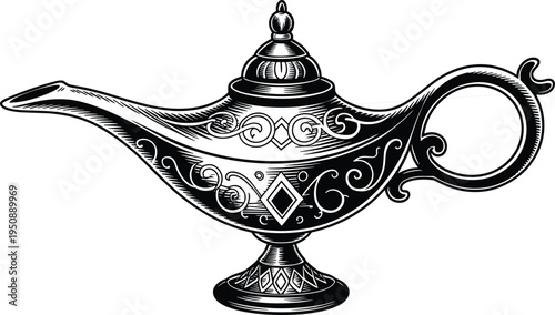 Ornate Arabian genie magic lamp illustration with vintage Aladdin fairy tale design isolated on light background