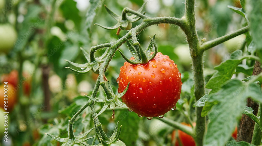 Obraz premium Dewy tomato on the vine, vibrant and fresh.