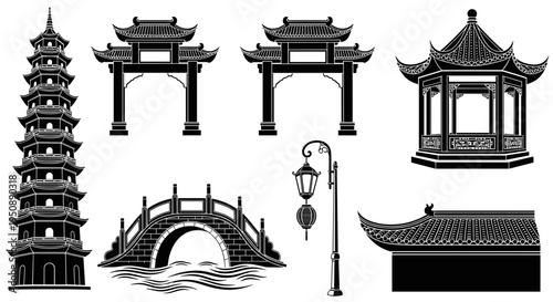 Collection of traditional asian architectural elements including pagoda torii gates gazebo bridge and roofline in black