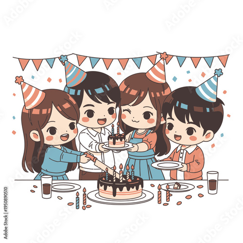 Birthday Party Celebration with Cute Chibi Children Cutting Cake and Wearing Festive Hats