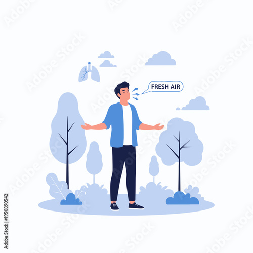 Breathing Man Experiencing Fresh Air in a Serene Park Promoting Health and Wellness