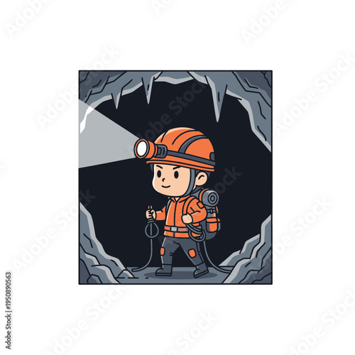 Caving Young Adventurer Exploring a Dark Underground Cave with a Bright Headlamp