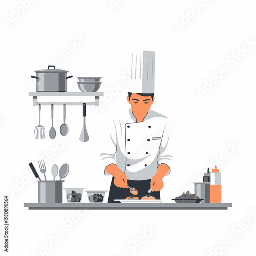 Chef Expertly Preparing and Serving a Gourmet Dish in a Modern Kitchen Setting Illustration